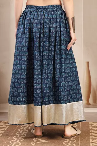 Blue graphic printed cotton flared maxi skirt for women