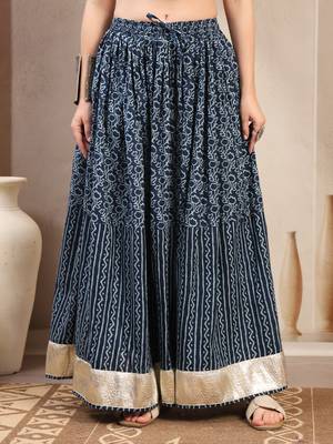 Blue floral printed cotton flared maxi skirt for women 2