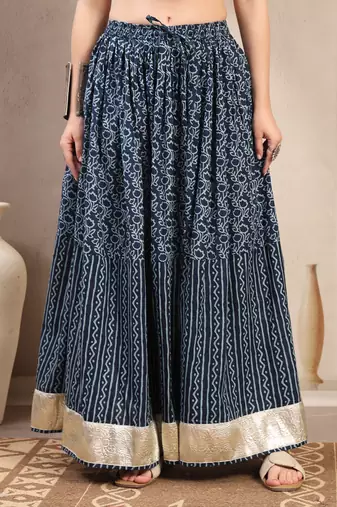 Blue floral printed cotton flared maxi skirt for women