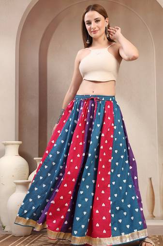 Multicolor color blocked cotton flared maxi skirt for women