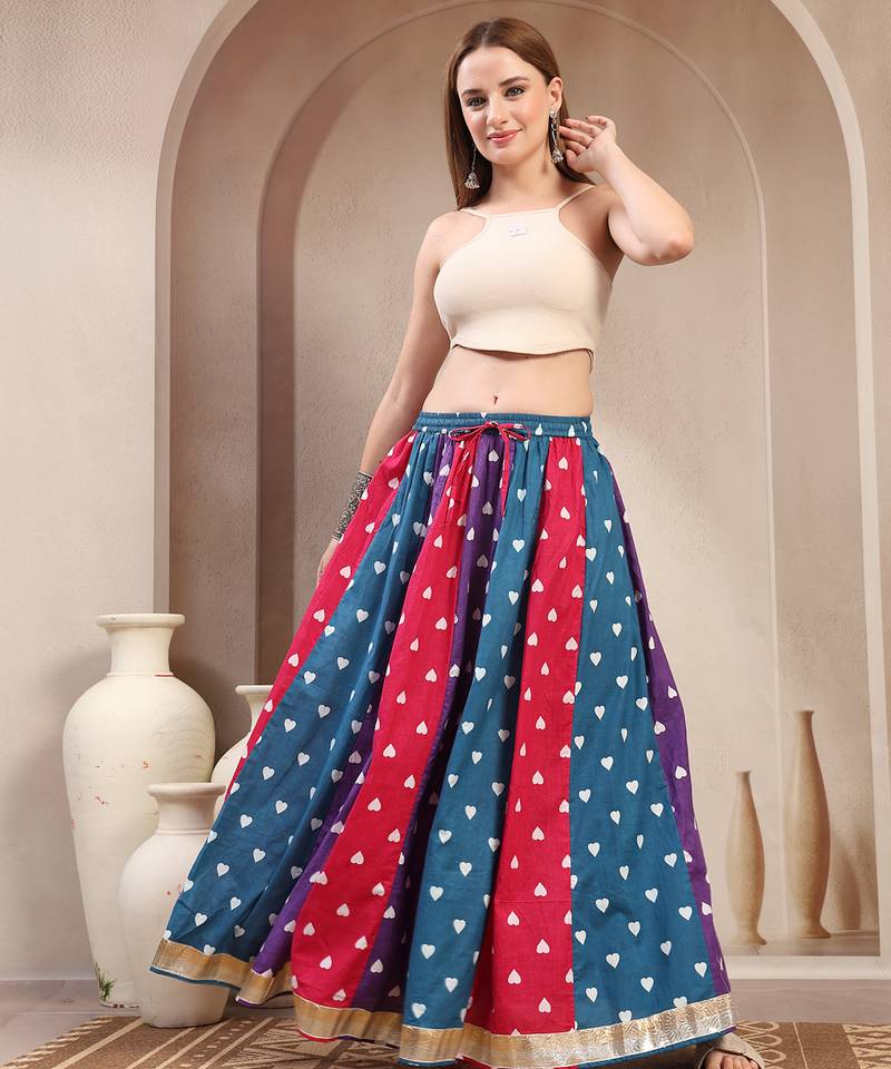 Multicolor color blocked cotton flared maxi skirt for women