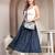 Blue floral printed cotton flared maxi skirt for women
