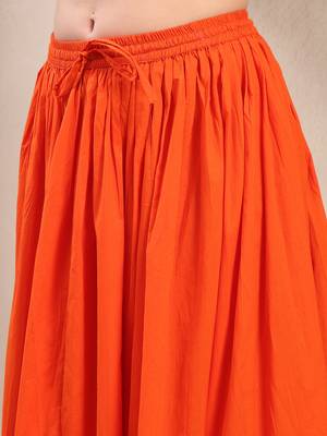 Orange plain cotton flared maxi skirt for women 4