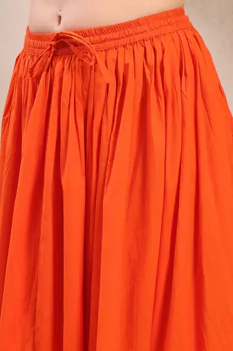 Orange plain cotton flared maxi skirt for women