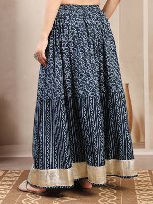Blue floral printed cotton flared maxi skirt for women 3