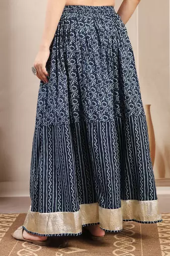 Blue floral printed cotton flared maxi skirt for women