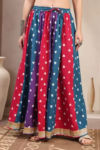 Multicolor color blocked cotton flared maxi skirt for women