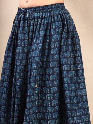Blue graphic printed cotton flared maxi skirt for women 4