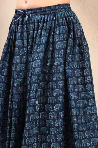 Blue graphic printed cotton flared maxi skirt for women