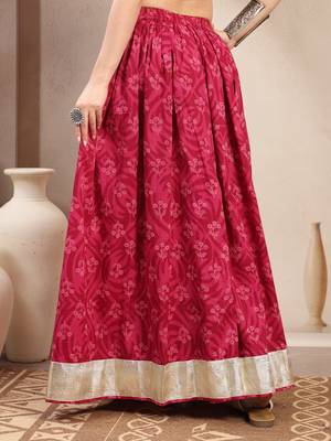 Red floral printed cotton flared maxi skirt for women 3