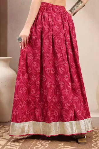 Red floral printed cotton flared maxi skirt for women