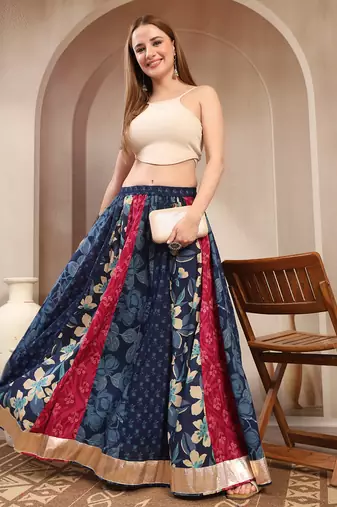 Multicolor color blocked cotton flared maxi skirt for women