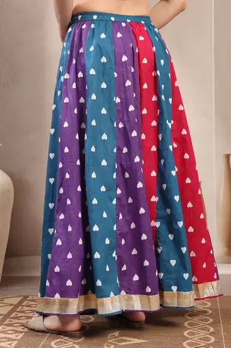 Multicolor color blocked cotton flared maxi skirt for women