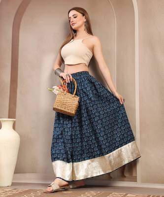 Blue graphic printed cotton flared maxi skirt for women 5