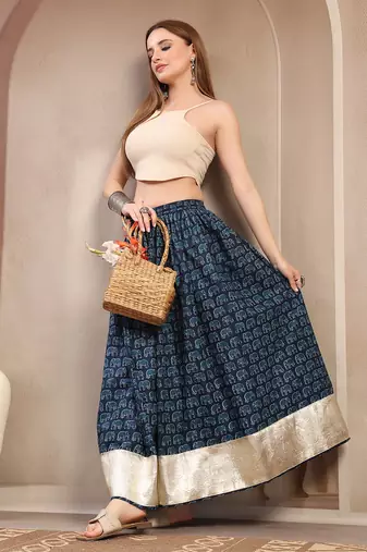 Blue graphic printed cotton flared maxi skirt for women