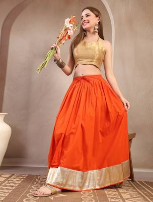 Orange plain cotton flared maxi skirt for women 5