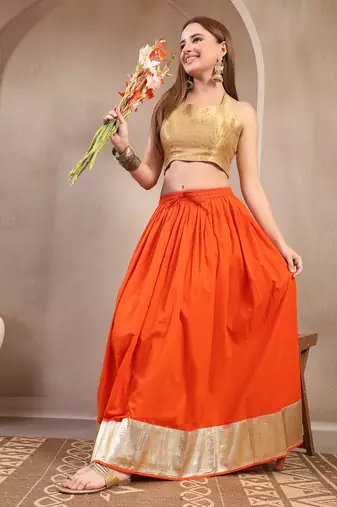 Orange plain cotton flared maxi skirt for women