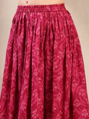 Red floral printed cotton flared maxi skirt for women 4