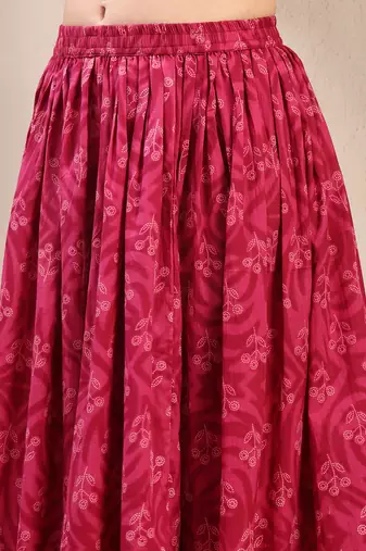 Red floral printed cotton flared maxi skirt for women