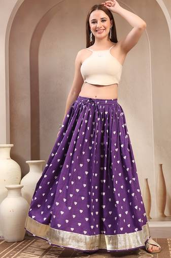 Purple printed cotton flared maxi skirt for women