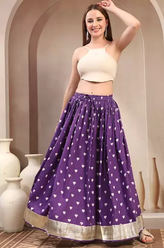 Purple printed cotton flared maxi skirt for women