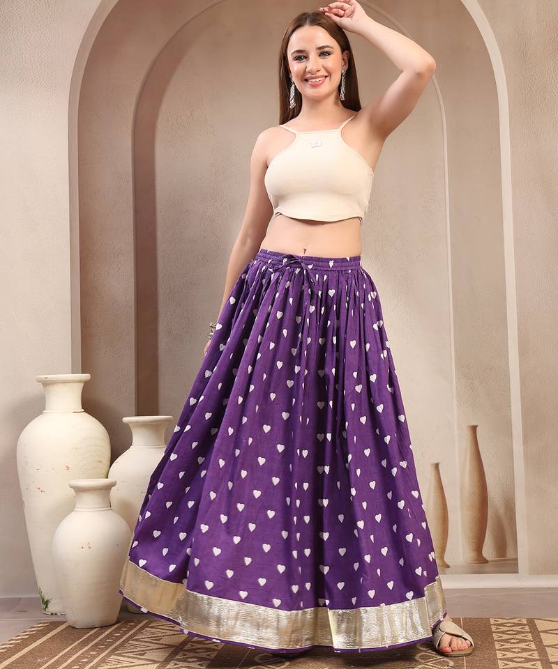 Purple printed cotton flared maxi skirt for women