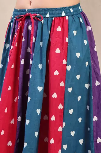 Multicolor color blocked cotton flared maxi skirt for women