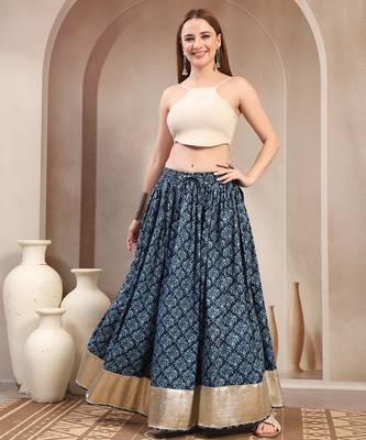 Purple floral printed cotton flared maxi skirt for women 1