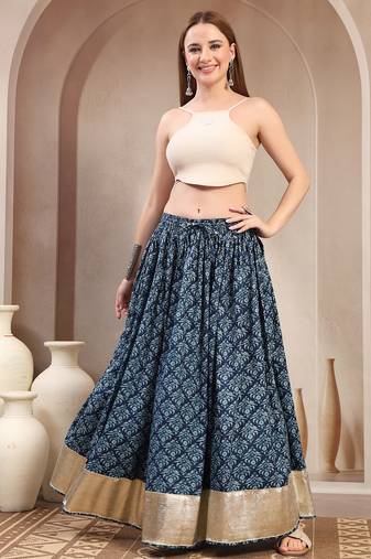 Purple floral printed cotton flared maxi skirt for women