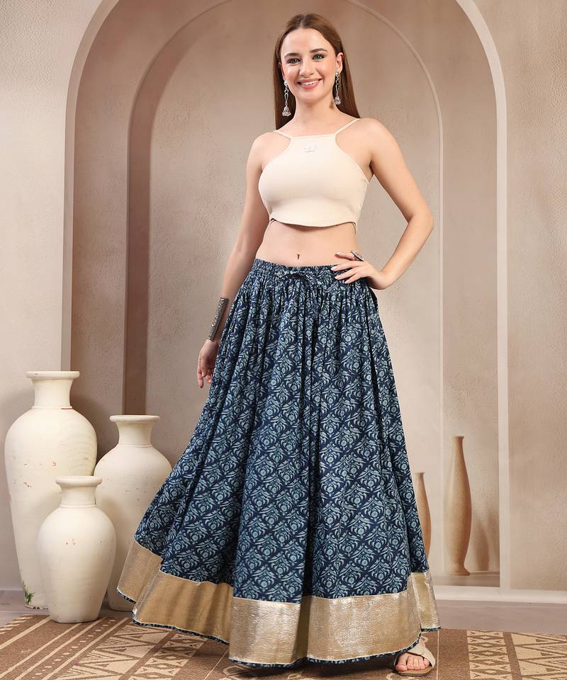 Purple floral printed cotton flared maxi skirt for women