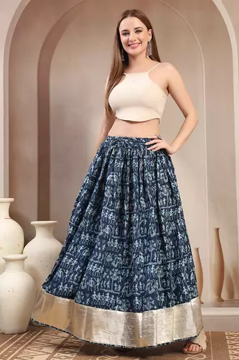 Blue graphic printed cotton flared maxi skirt for women