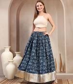 Blue graphic printed cotton flared maxi skirt for women