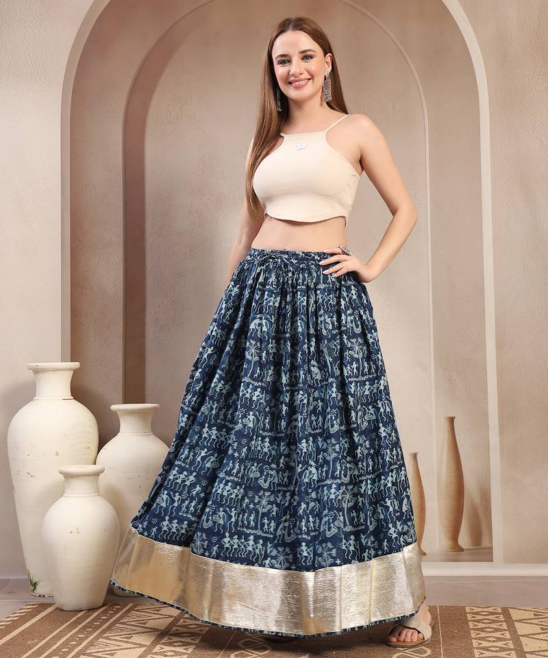 Blue graphic printed cotton flared maxi skirt for women