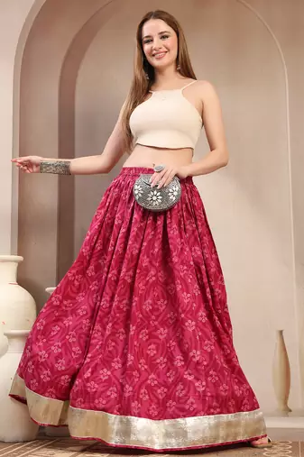 Red floral printed cotton flared maxi skirt for women