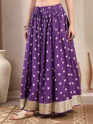 Purple printed cotton flared maxi skirt for women 2
