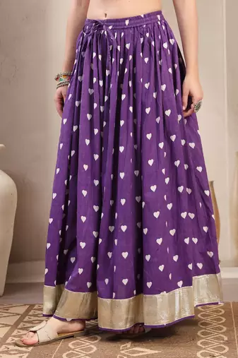 Purple printed cotton flared maxi skirt for women