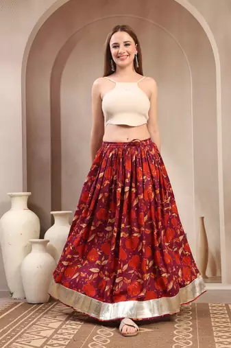Maroon floral printed cotton flared maxi skirt for women