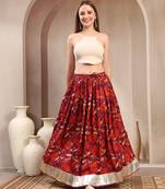 Maroon floral printed cotton flared maxi skirt for women