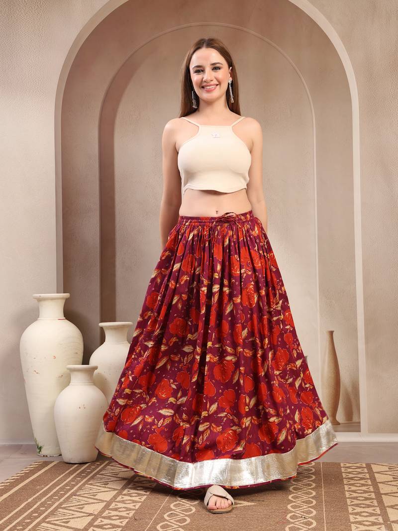Maroon floral printed cotton flared maxi skirt for women