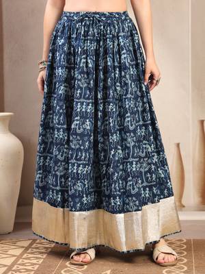Blue graphic printed cotton flared maxi skirt for women 2