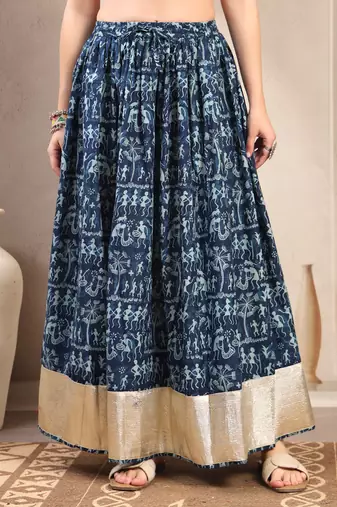 Blue graphic printed cotton flared maxi skirt for women