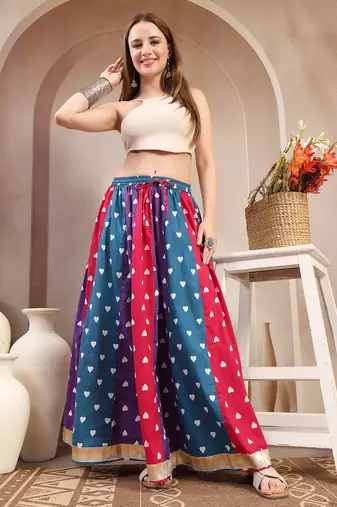 Multicolor color blocked cotton flared maxi skirt for women