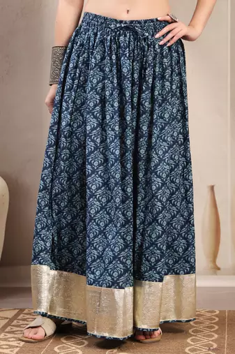 Purple floral printed cotton flared maxi skirt for women