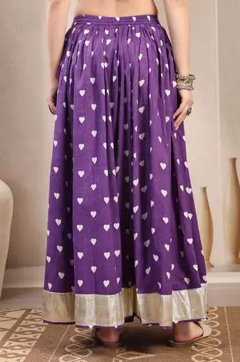 Purple printed cotton flared maxi skirt for women