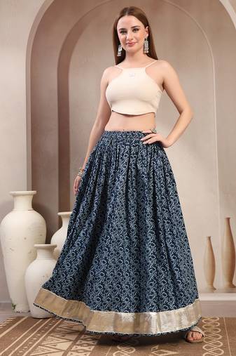 Blue floral printed cotton flared maxi skirt for women