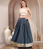 Blue floral printed cotton flared maxi skirt for women