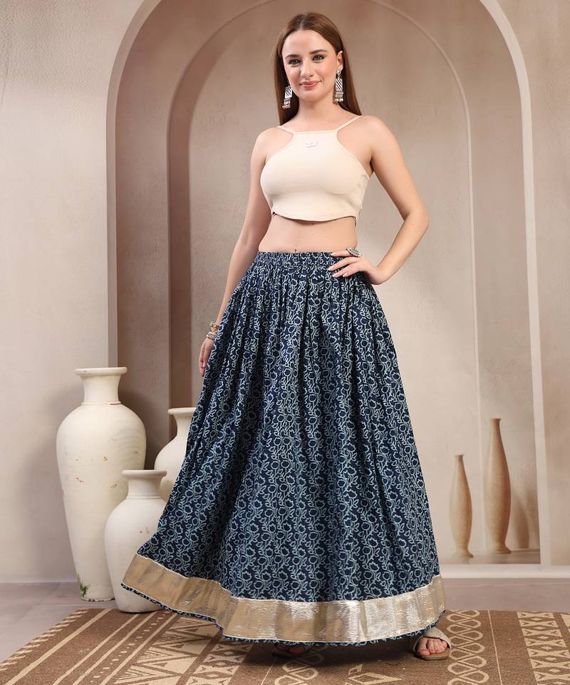Blue floral printed cotton flared maxi skirt for women