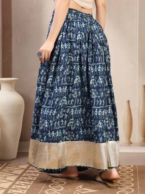 Blue graphic printed cotton flared maxi skirt for women 3