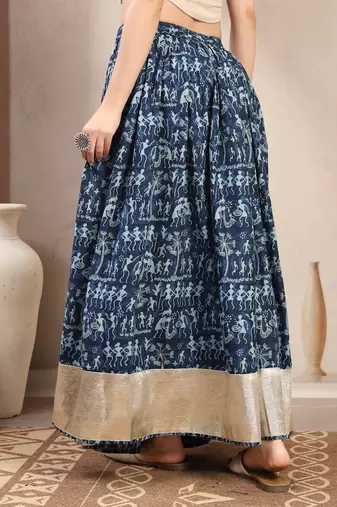 Blue graphic printed cotton flared maxi skirt for women