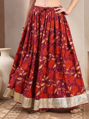 Maroon floral printed cotton flared maxi skirt for women 2